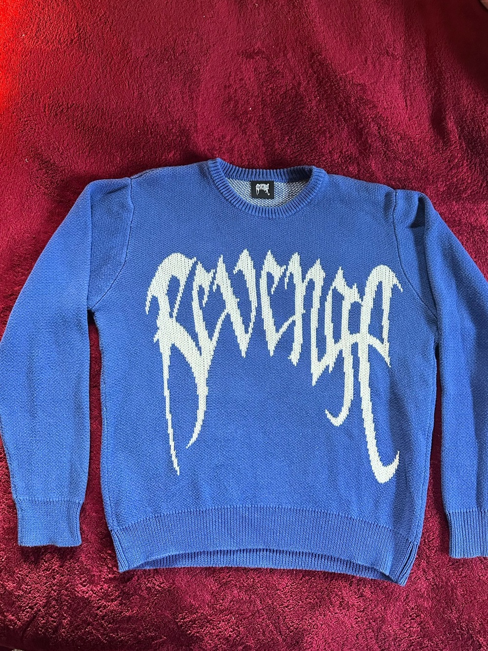 Revenge Clothing Blue Knit Crewneck Sweater with White Arch Logo